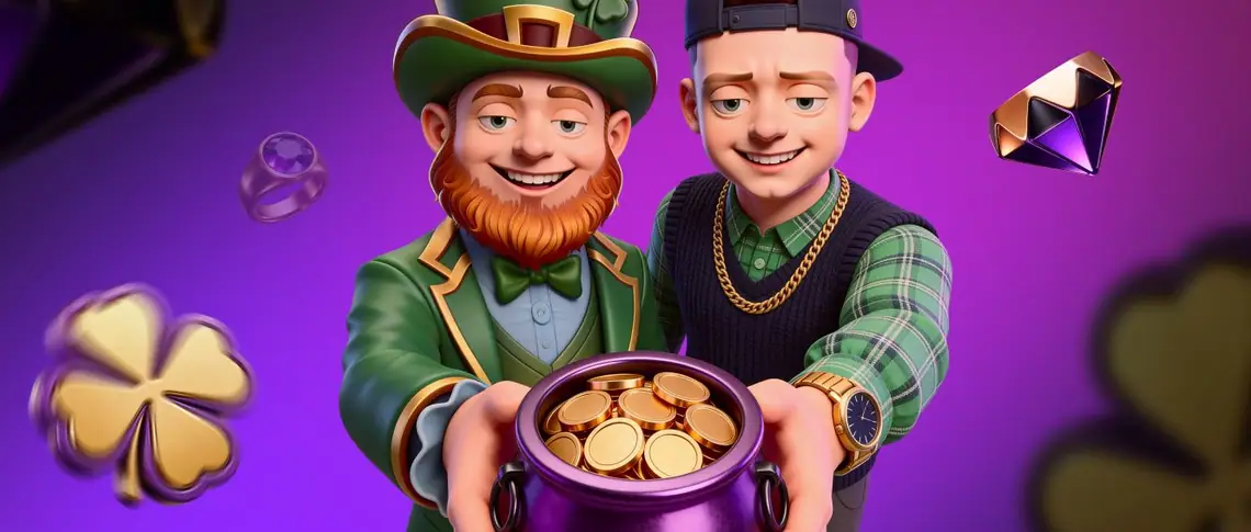 Mellstroy Casino maskotu və qızıl sikkələrlə dolu qazanı olan leprekon