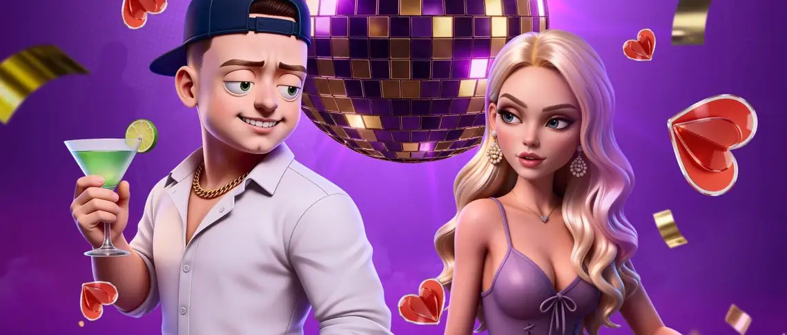 Mellstroy Casino maskotu disko kürəsi ilə Hearts & Spins şənliyində
